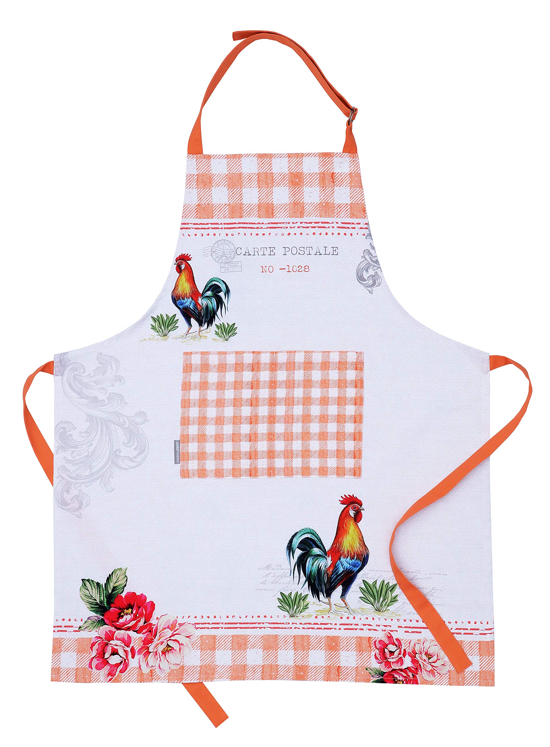 Amour Infini Women's Kitchen Apron Unique Rooster Design | 70 x 85 cm | 100% Natural Cotton | Womens Apron for Cooking, Baking, Gardening | Convenient Pockets and Adjustable Strap at Neck & Waist Ties