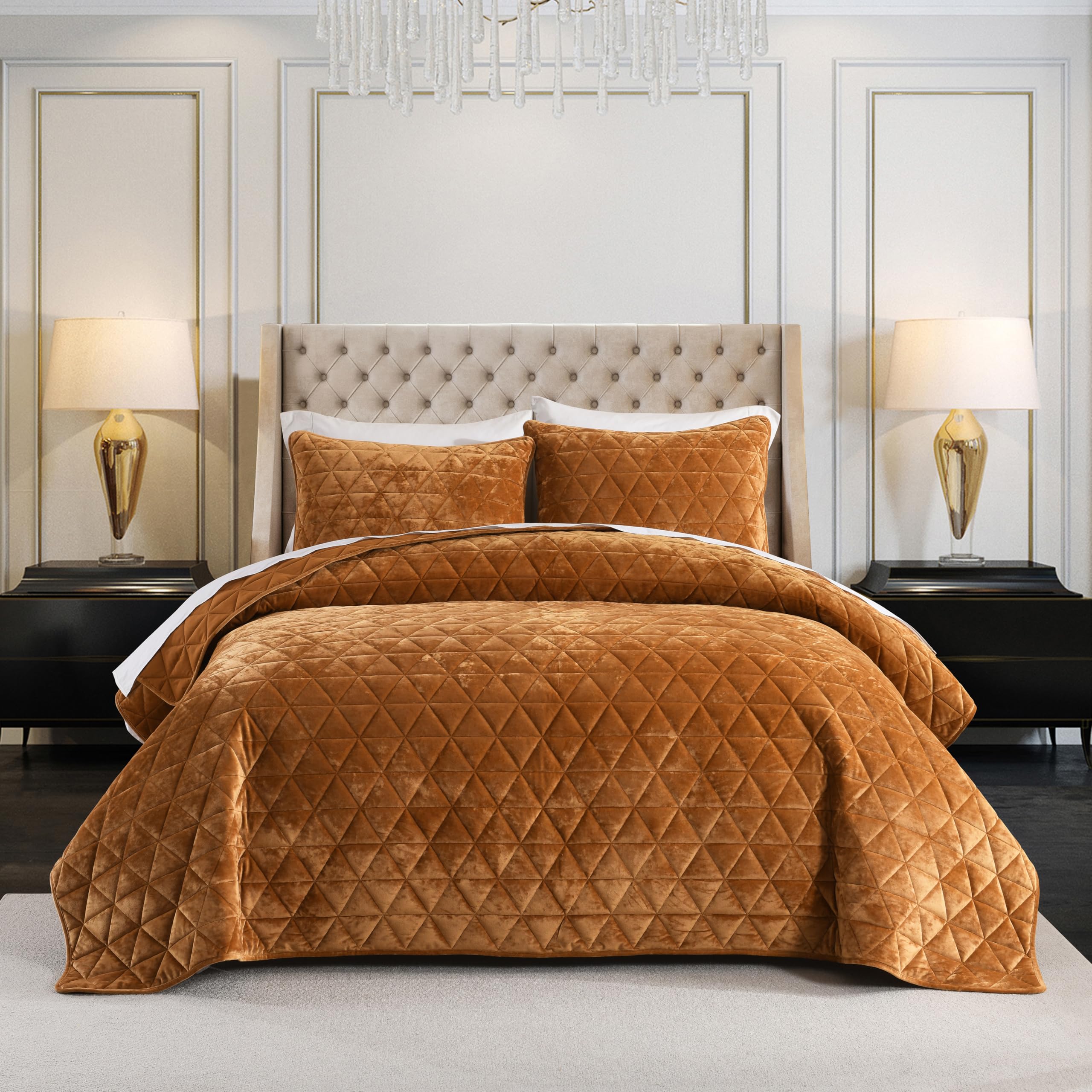 Photo 1 of Homzard Velvet Carmel Gold King Size Comforter Set, King Size Quilt Set Velvet Quilt Bedding Set, Soft Bedspread Coverlet, Luxury Bedding for All Season,3 Pieces Bed Set