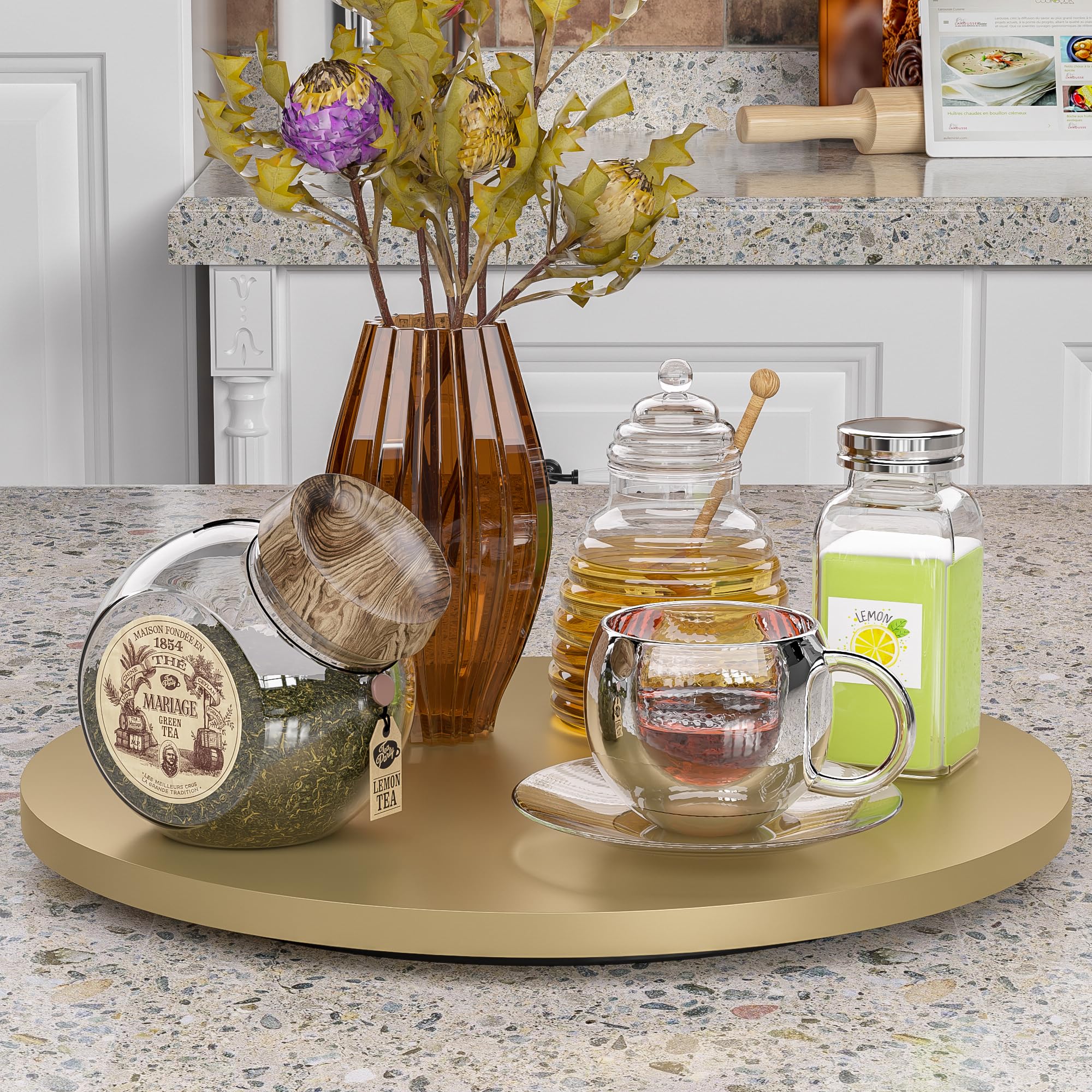 Photo 1 of ****SEE PHOTOS FOR CRACKED/DAMAGES***

Greatseas Lazy Susan for Table Top Bamboo Lazy Susan Turntable for Cabinet Kitchen Countertop Organizer for Condiment Bathroom Counter Organizer Decor Sink Tray Gold 10 Inch