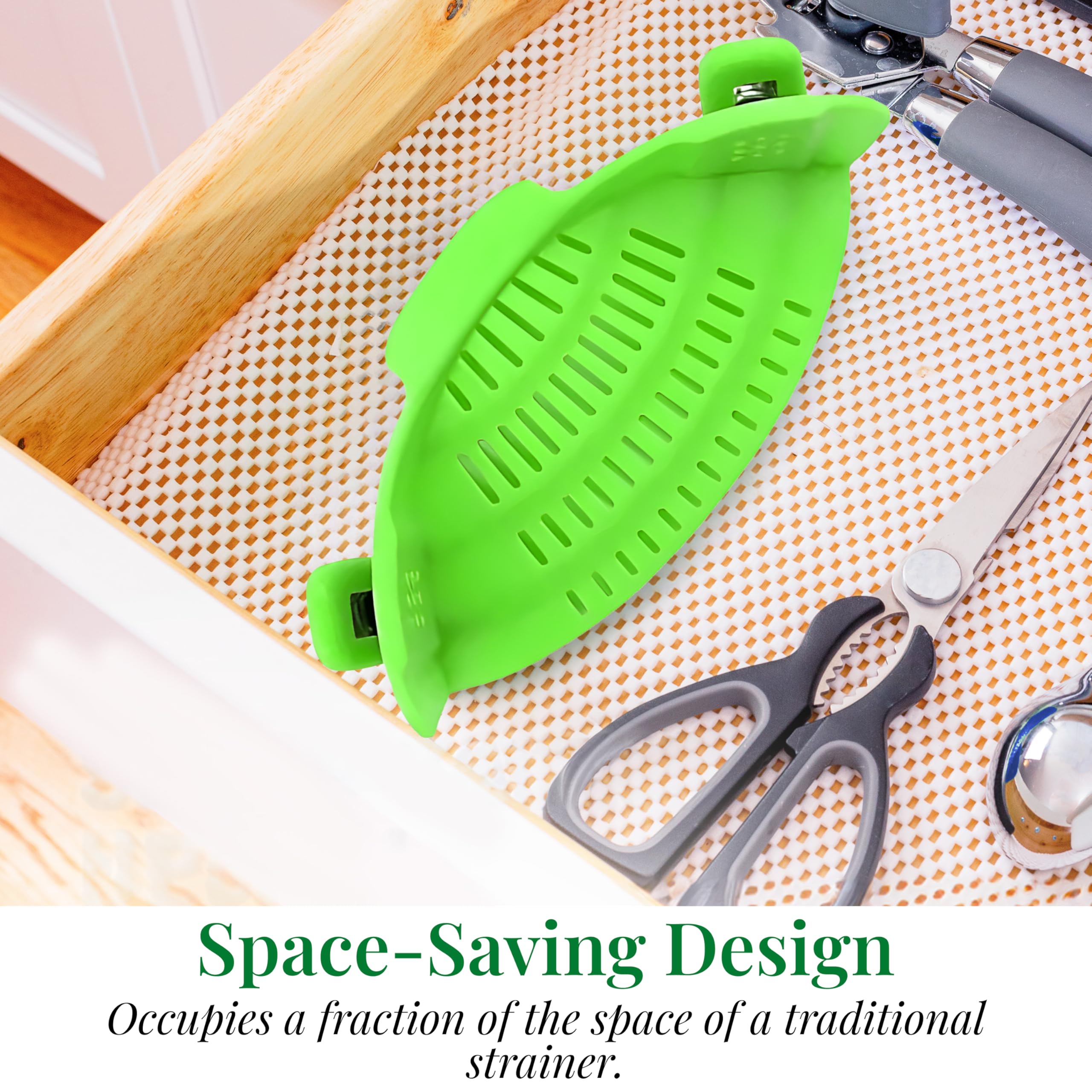 Kitchen Gizmo Snap N' Strain Clip On Strainer for Pots and Pans - Collapsible Silicone Pasta Strainer and Kitchen Gadget for Cooking - Easy to Use, Heat Resistant and Space Saving Colander - Green