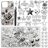 BELICEY Black Silver Junk Case Charms Kit Y2K Big Charms for Phone Junk Cases 3D Astronaut Star Bow Planet Heart Junk Phones Case Flatback Rhinestone Pearls for Customizing DIY Craft