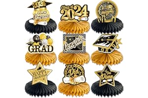 POPOOO 9 PCS Graduation Party Decorations Class of 2024 Black and Gold Congrats Grad Honeycomb Centerpieces for Tables 2024,Congratulate Graduation Table Toppers for Graduation Party Favor Supplies