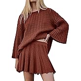 Tiko Miko Sweater Set 2 Piece Skirt Sets for Women Two Piece Outfits Casual Loose Knit Pullover Mini Skirt