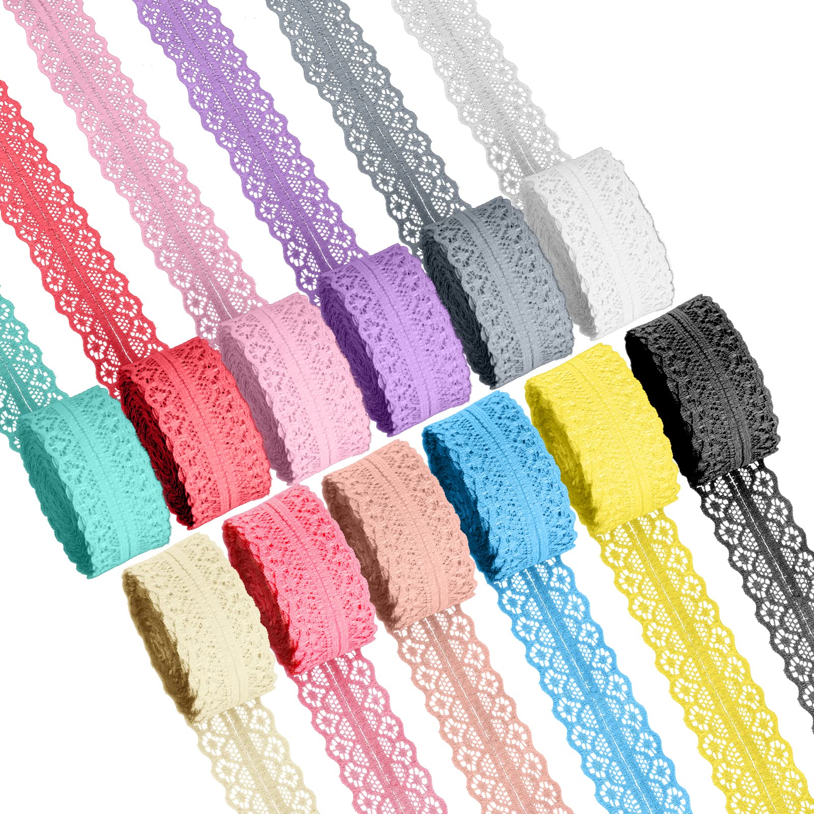 Anruyi Vintage Lace Ribbon, 12 Rolls of Lace Trim Roll for Wedding, Decoration, Sewing, DIY (5 m/each, 12 Colours)