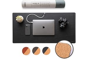 NORDIK BY DESIGN Nordik Cork Leather Desk Mat Cable Organizer (Pebble Black 35 X 17 inch) Premium Extended Mouse Mat for Home Office Accessories - Non-Slip Vegan Leather Desk Pad Protector & Desk Blotter Pad