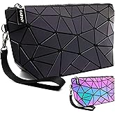 CAFINY Holographic Makeup Bag Small Clutch Purses for Women Daily Use pouch bags Geometric Luminous Purse and Holographic Bags Small Wrist Purses and Cosmetic Pouch
