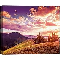 SIGNWIN Canvas Wall Art Orange Sunrise in Purple Sky Over Blue Mountain, Lake and Pathway Landscape Wilderness Realism Modern Panoramic Colorful for Living Room, Bedroom, Office - 12x18 inches