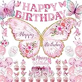 Roetyce Butterfly Birthday Decorations Girls, Pink Happy Birthday Banner Backdrop Balloons Hanging Swirls Cake Topper Kit for Home Party, Women Butterfly Themed Party Suppiles Photo Background
