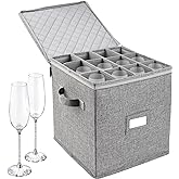LotFancy Champagne Flute Storage Container, Hard Shell, Stackable, 12" Tall Wine Glass Storage Box with Dividers &amp; Handles, Stemware, Crystal Glassware, Drinkware Case for Moving, Grey