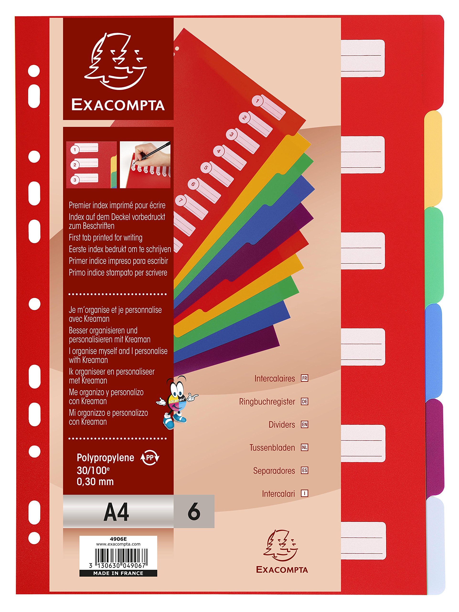 Exacompta - Ref 4906E - PP Document Dividers - Suitable for Use With A4 Documents, Made from Polypropylene, Pre-Punched & Pre-Printed - 6 Part Dividers - Multicoloured