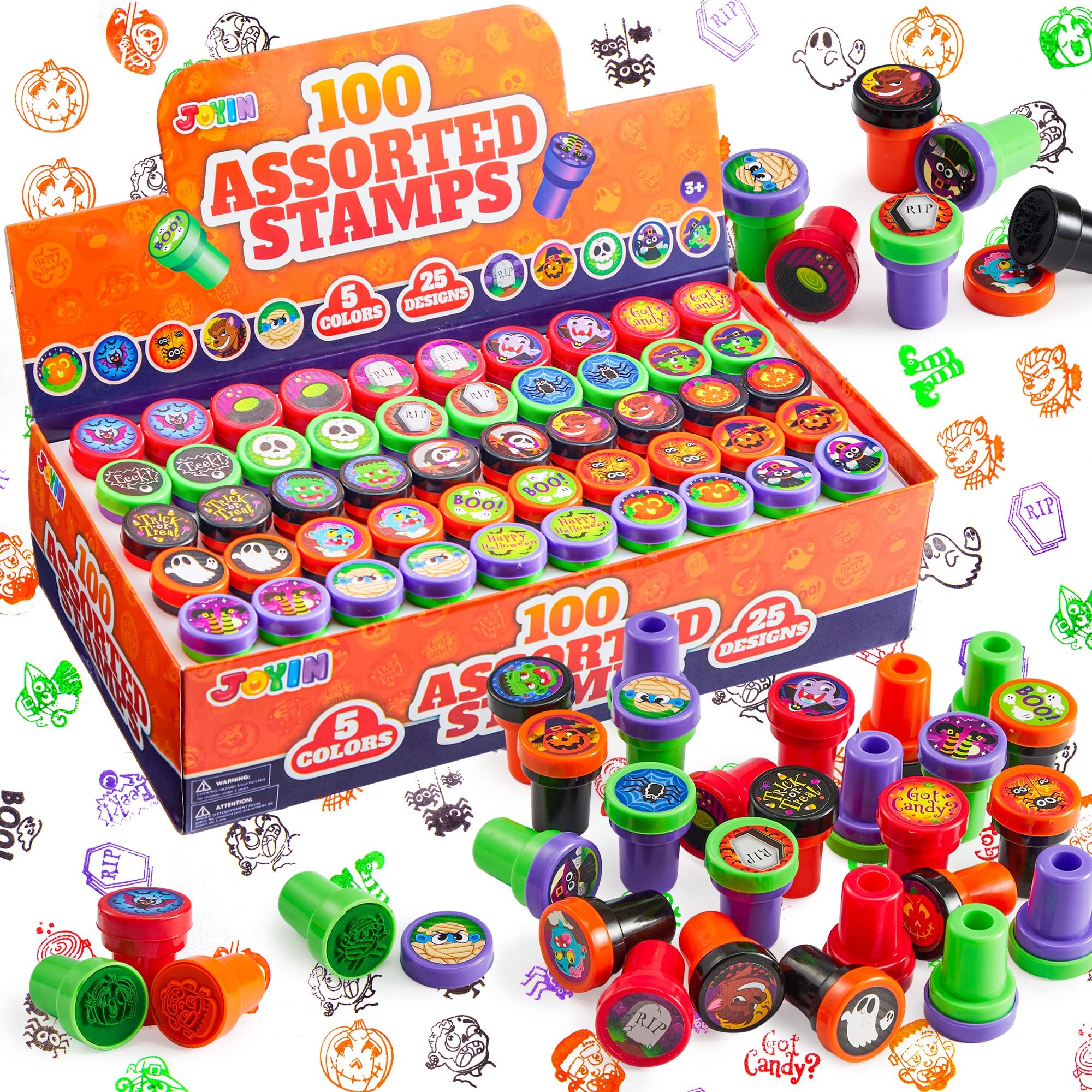 JOYIN 100 Pieces Halloween Assorted Stampers Kids Self-Ink Stamps (25 Designs, 4 Colors Trick or Treat Spooky Stamps) for Halloween Party Favors Supplies, Goodies Bags, Classroom Game Reward Prizes