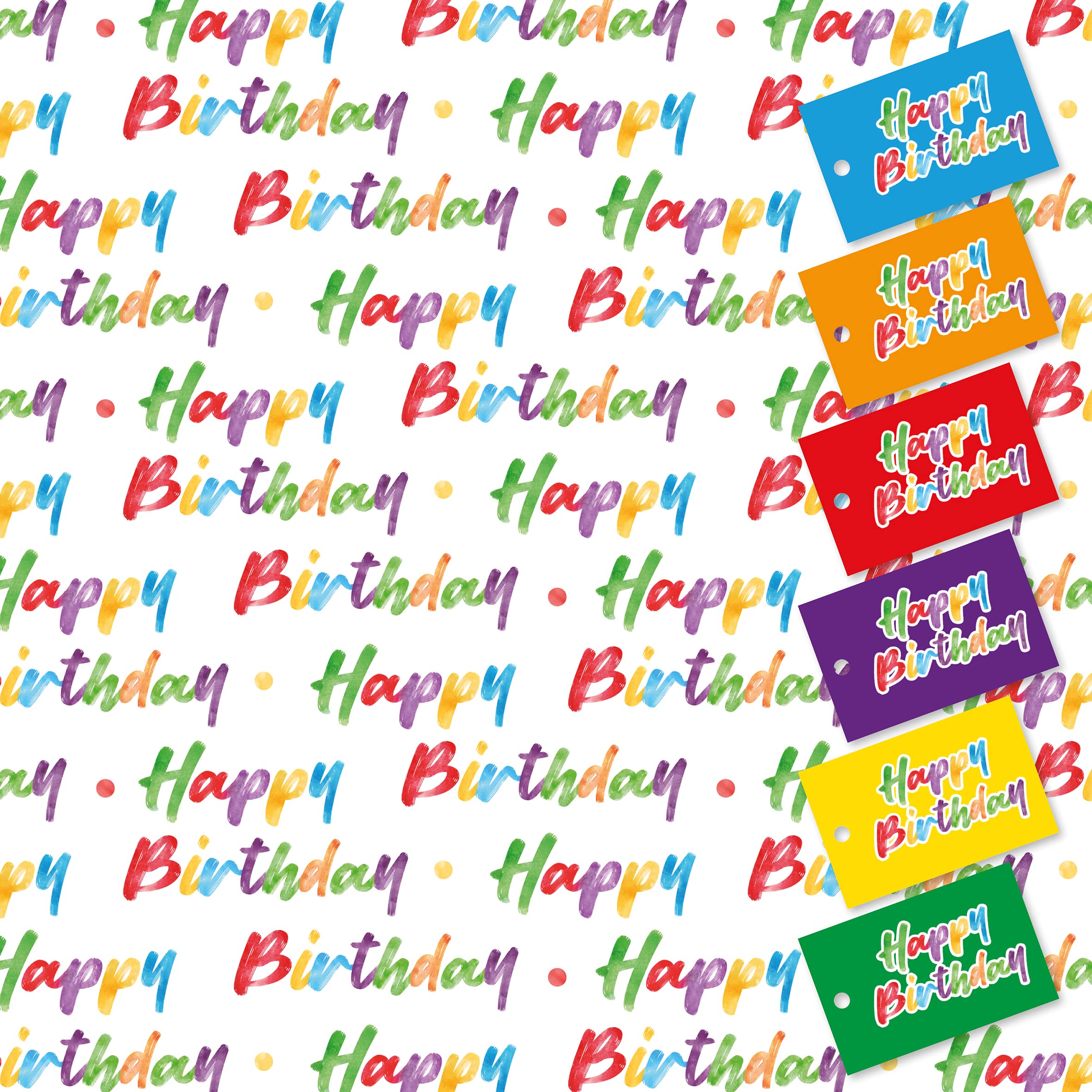Happy Birthday Wrapping Paper. 5 XL Sheets (50 x 70cm). Gift Wrap with Matching Tags. Cutting Grid on Reverse.