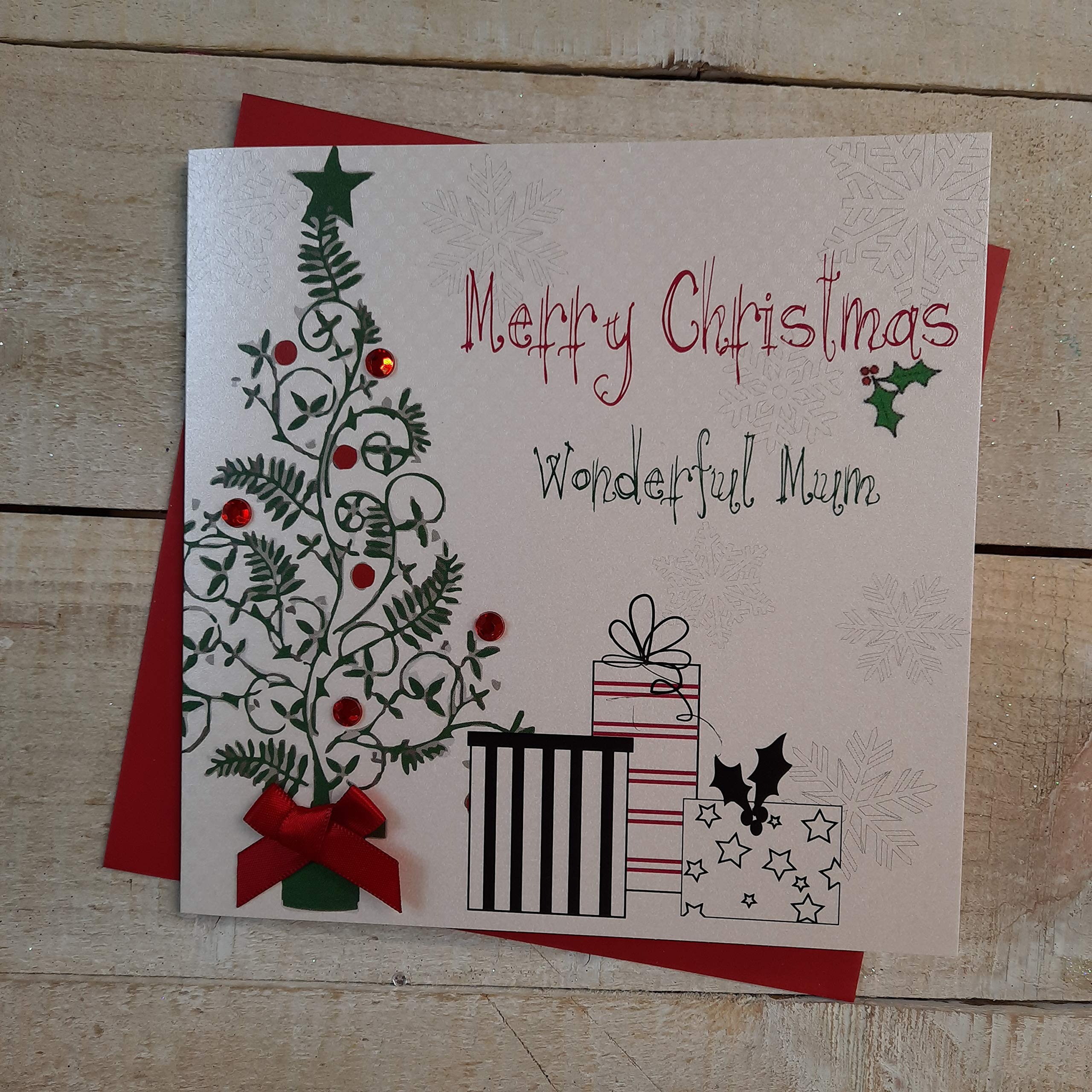 White Cotton Cards Merry Wonderful Mum Handmade Christmas Card (Tree & Presents Code fp13)