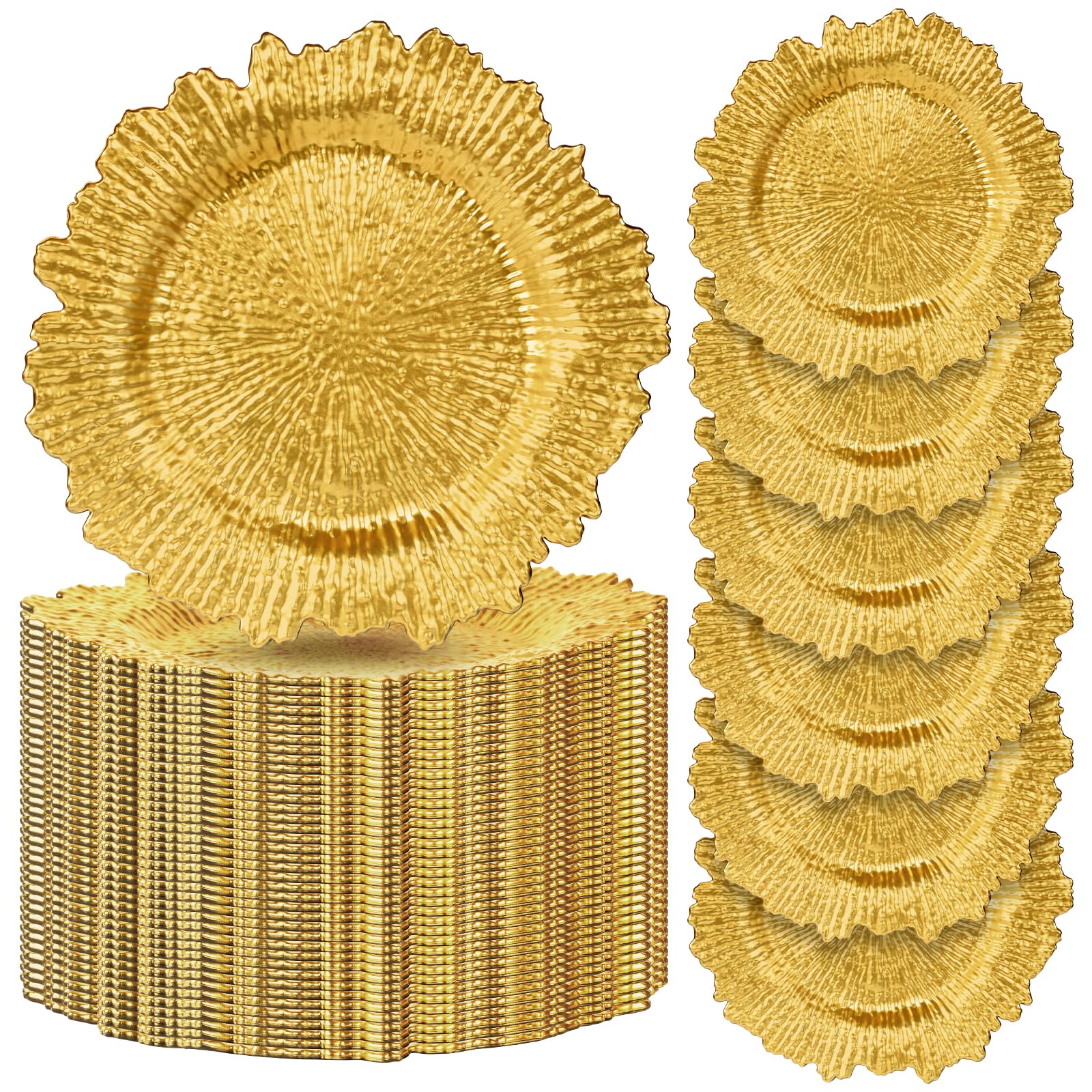 Photo 1 of Btanadi Gold Charger Plates Set of 100: Chargers for Dinner Plates for Thanksgiving and Christmas,Wedding, Party, Birthday and Holiday Event Supplies