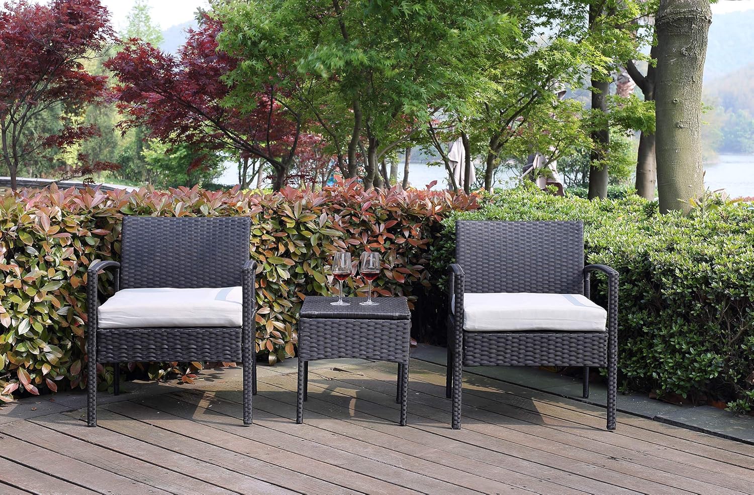 Leasbar Outdoor Chairs Set Bistro Set 3 Pieces Patio Conversation Set Furniture Set for Small Balcony Rattan Chairs and Table with Cushions Grey: Garden & Outdoor