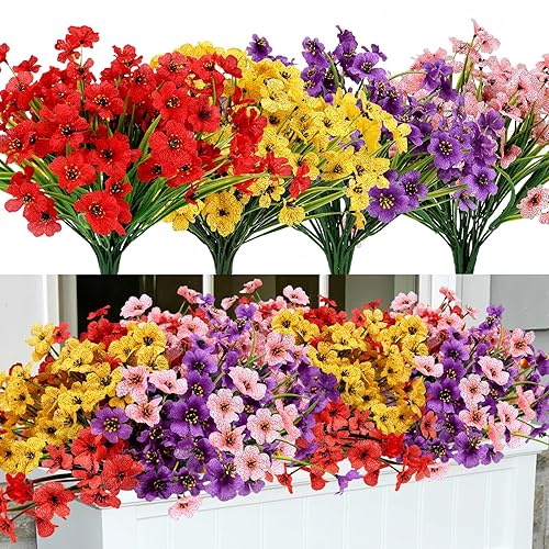 Geegoods Artificial Fake Plants Flowers for Outdoors, 16 Bundles UV Resistant Faux Plastic Colorful Mix Mum Flowers for Outside Spring Summer Decor