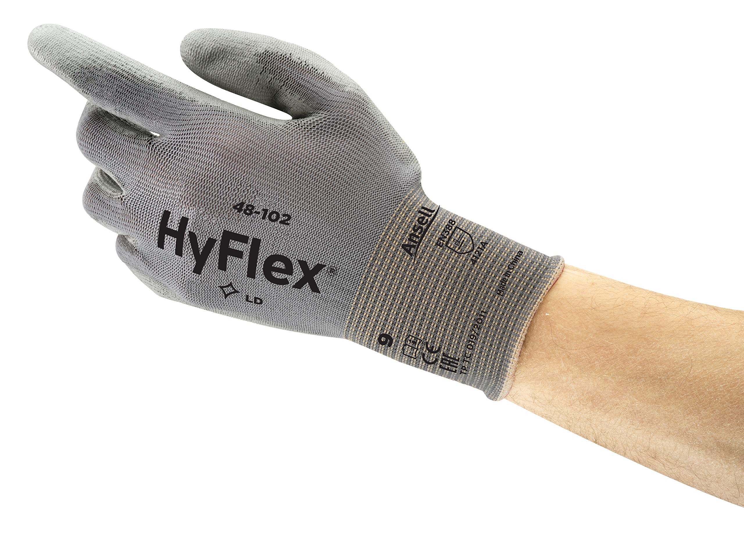 Ansell HyFlex 48-102 Thin Work Gloves, Stretch Fit Nylon Liner with Flexible PU Coating, Lightweight Safety Gloves for Precision Handling, DIY and Mechanics, Grey, Size 2XL (12 Pairs)
