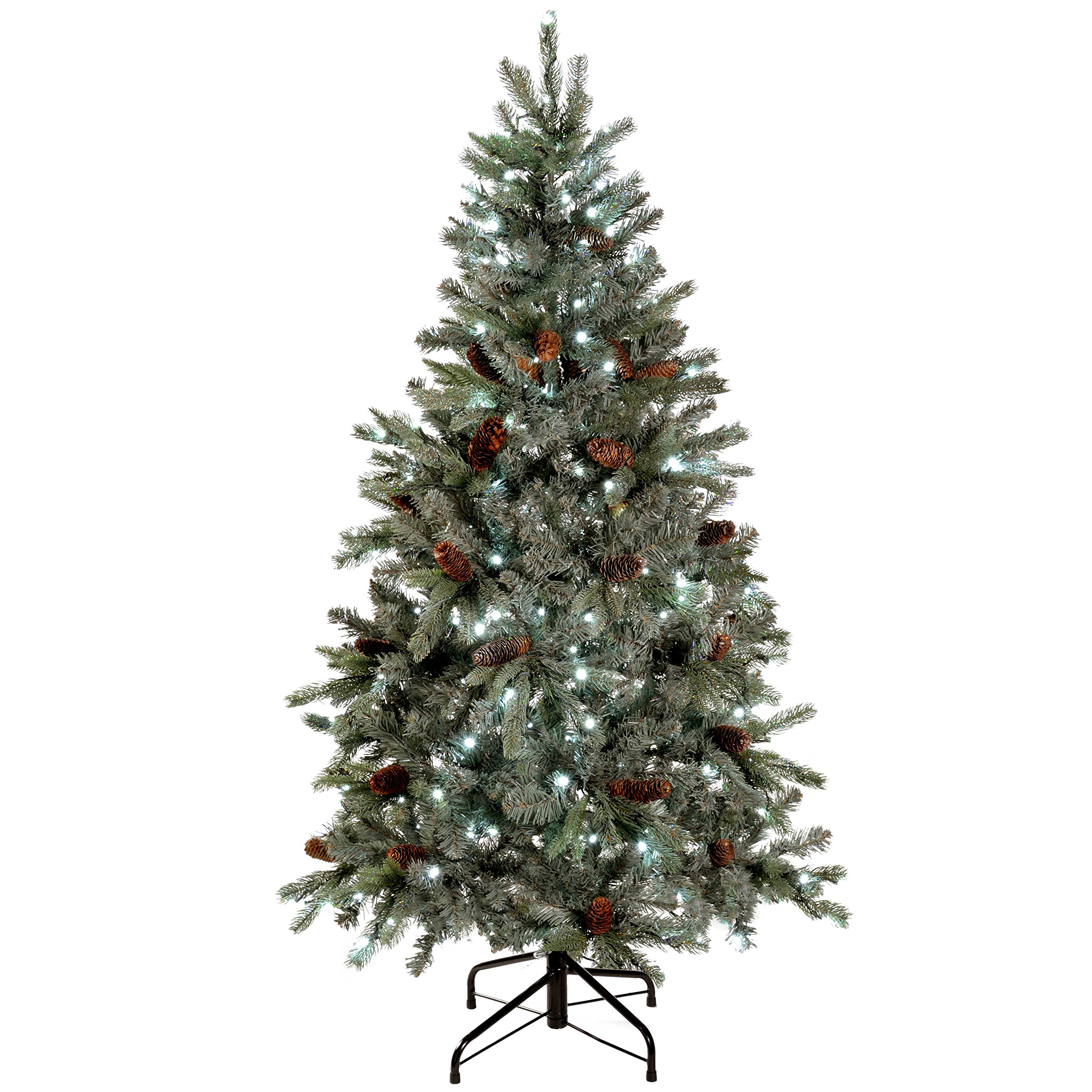 WeRChristmas 5 ft Edwardian Blue Spruce Pre-Lit Multi-Function Christmas Tree Frosted Finish and Pine Cones with 250 White LED Lights/ 8 Setting Controller/ Easy Build Hinged Branches