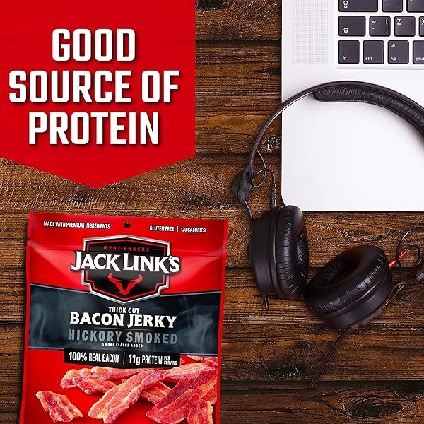 JACK LINK’S BACON JERKY, HICKORY SMOKED – FLAVORFUL READY TO EAT MEAT SNACK WITH 11G OF PROTEIN PER SERVING, MADE WITH 100% THICK CUT REAL BACON, PROTEIN SNACK, KETO FRIENDLY, 2.5 OZ.