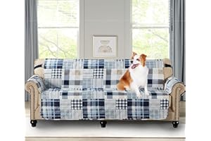 Brilliant Sunshine Blue Plaids and Stripes Patchwork Couch Cover, Quilted X-Large Sofa Slipcover, 78" Seat Width, Slip Resistant Furniture Protector, 2" Strap, Washable Couch Cover for Kids, Dogs,Blue