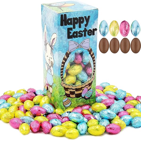 THE DREIDEL COMPANY EASTER CHOCOLATE EGGS, MULTICOLORED FOIL WRAPPED MILK CHOCOLATE IN EASTER EGG BOX, 1LB APPROXIMATELY – 90 EGGS
