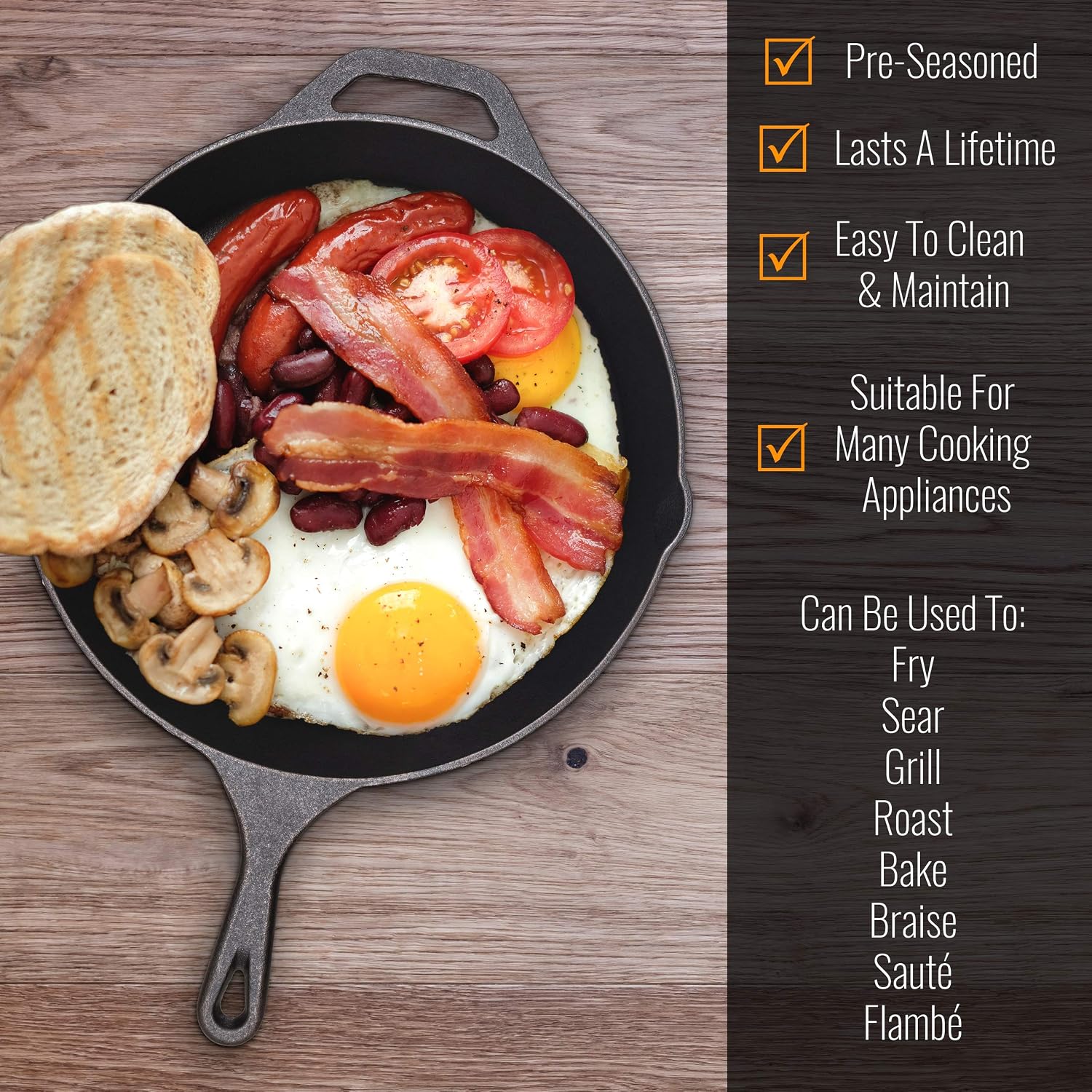 Pinnacle Cookware - 12 Inch Cast Iron Skillet Pan (30cm), Black - Image 3