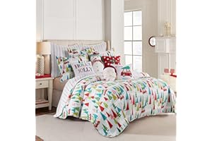 Levtex Home Merry & Bright Collecion - Holly Jolly Quilt - Twin - Christmas Tree - Red Green Teal Pink - Quilt (66x86in.) - Reversible - Microfiber
