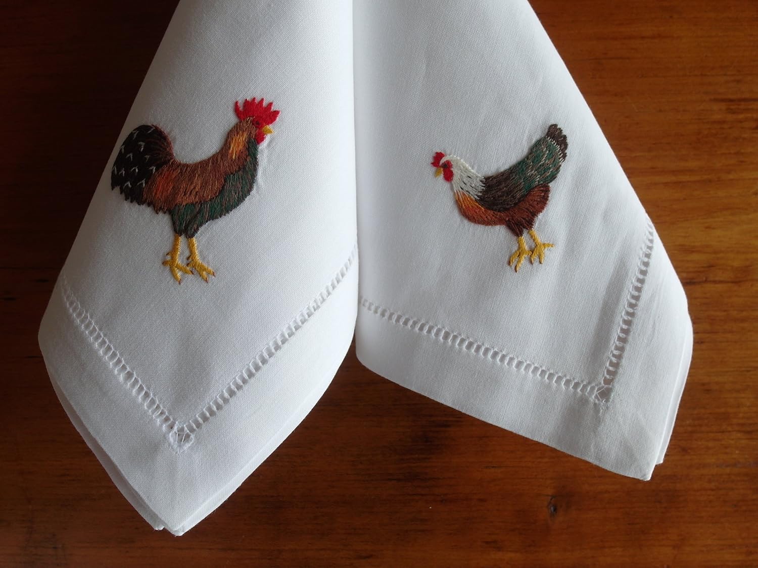 Hand Embroidered Chicken Napkins (4, Red & White Chickens