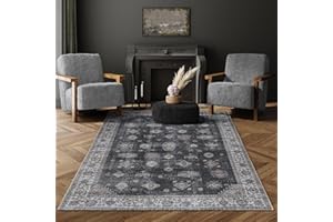 Adiva Rugs Machine Washable Area Rug with Non Slip Backing for Living Room, Bedroom, Bathroom, Kitchen, Printed Vintage Home Decor, Floor Decoration Carpet Mat (Black, 5' x 7')