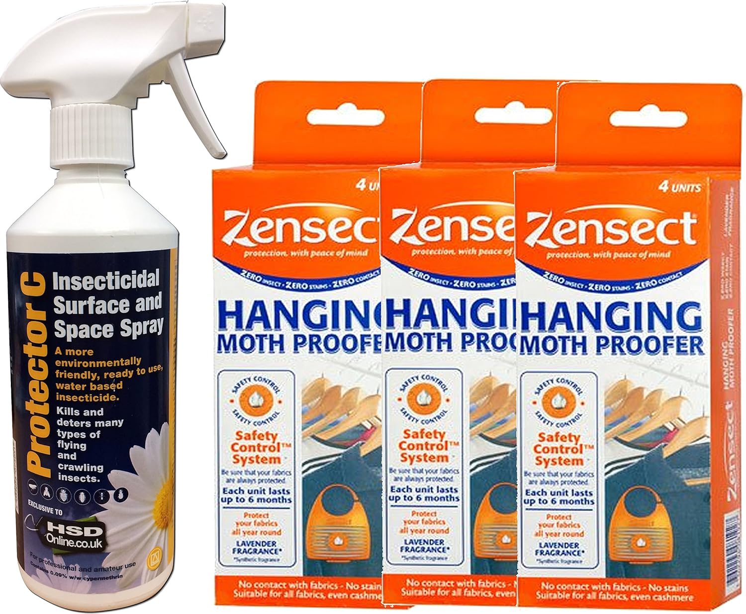 500ml Protector C Moth Spray + 12 Pack of Zensect Hanging Moth Proofers