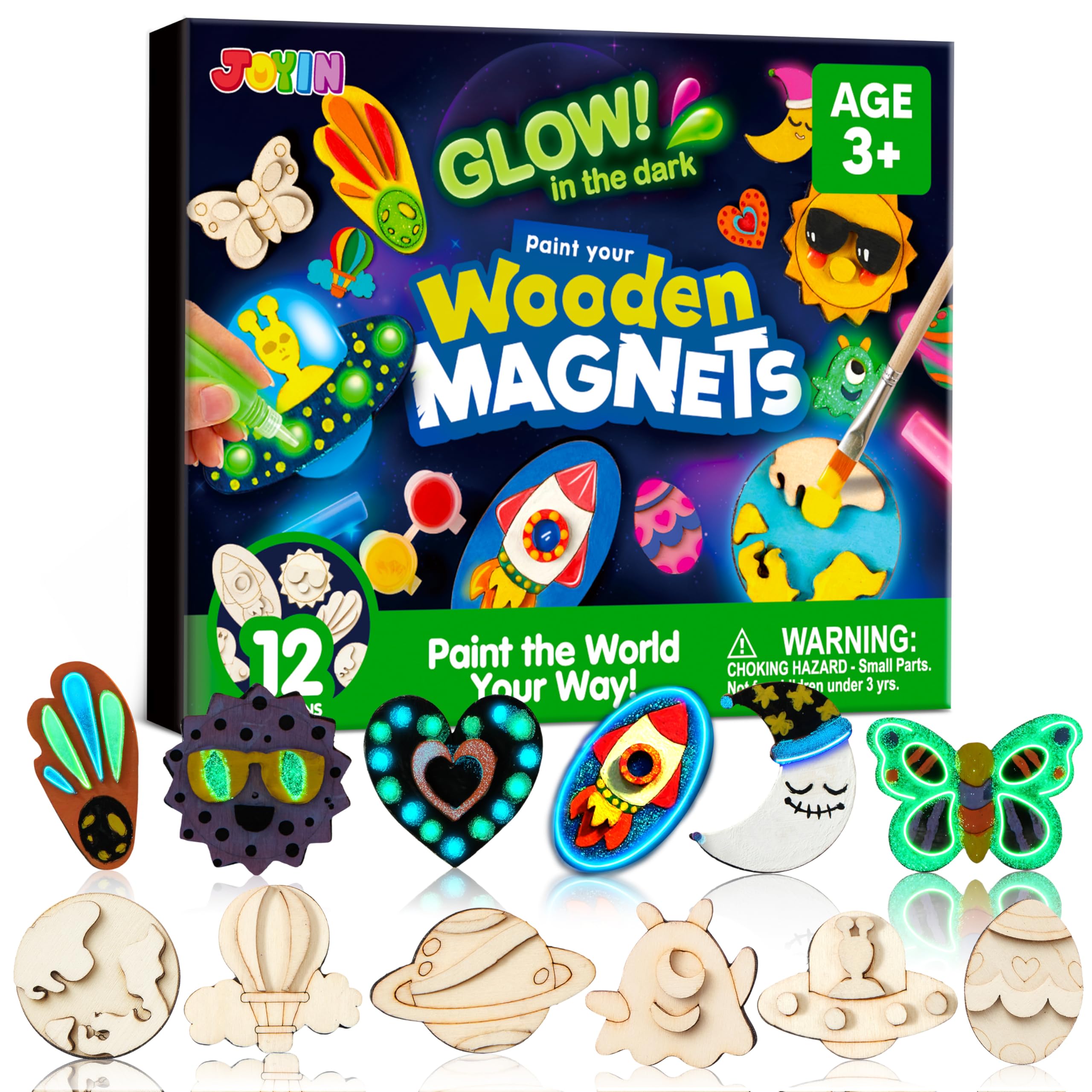JOYIN 12 Glow in The Dark Wooden Magnets for Kids, Paint Your Own Arts and Crafts Painting Kit, Halloween Crafts Birthday Parties and Family Crafts Gift, Party Favors for Boys Girls Ages 3+