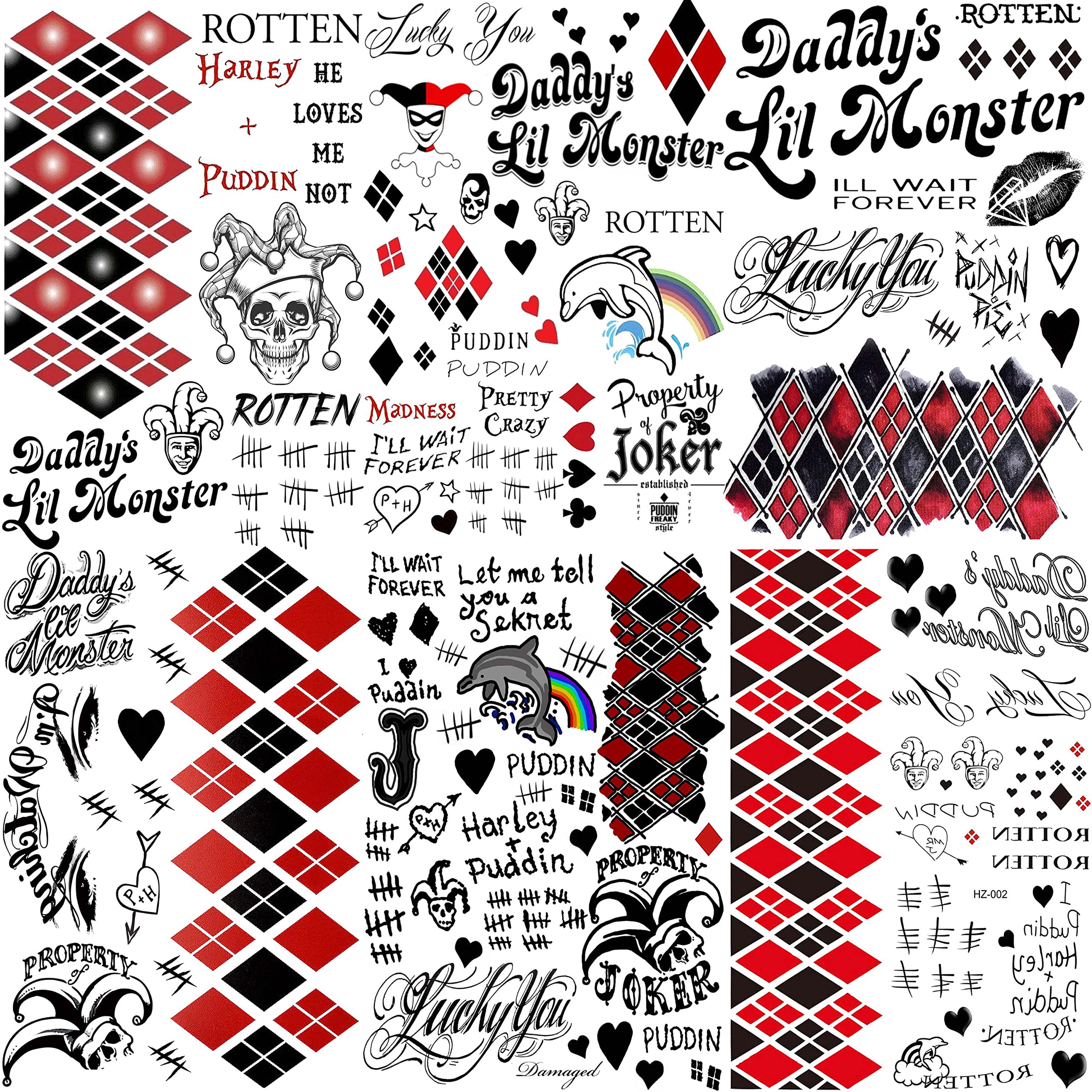 COKTAK 6 Sheets HQ Temporary Tattoos For Women Kids Men Halloween Makeup Kit Cosplay, Fake Face Joker Tattoos Stickers, Prison Prisoner Inmate Rapper Halloween Temporary Tattoos Rave Party Accessories — image 1