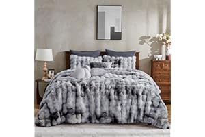 Wonderful 3 Pieces Fluffy Faux Rabbit Fur Bubble Comforter Set King Size, Tie-Dyeing Multiple Grey Plush Fuzzy Bedding Set, Warm Soft Bubble Comforter Bedding Set for Winter