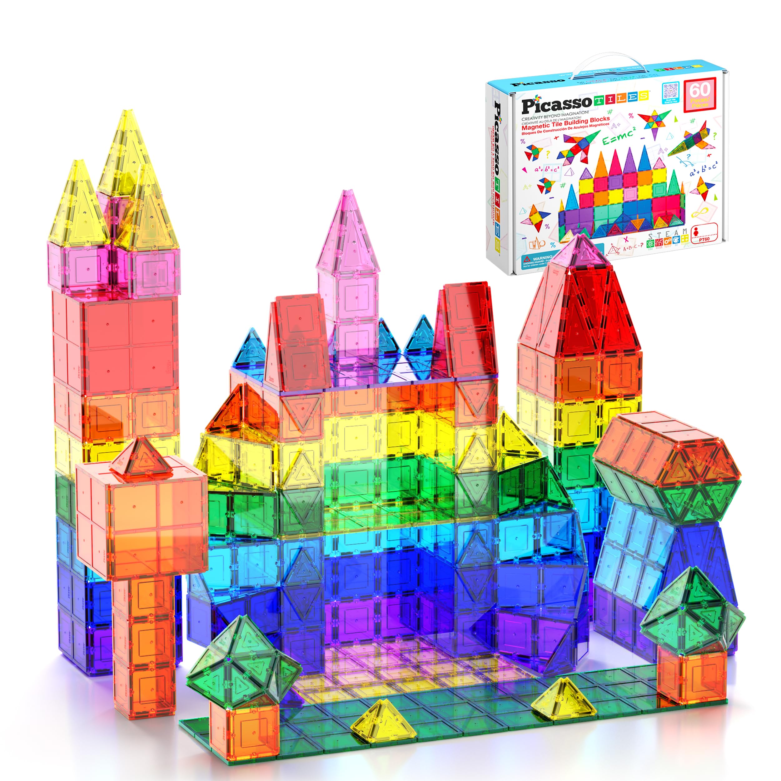 PicassoTiles 60 Piece Set 60pcs Magnet Building Tiles Clear Magnetic 3D Blocks Construction Playboards - Creativity beyond Imagination, Inspirational, Recreational, Educational, Conventional