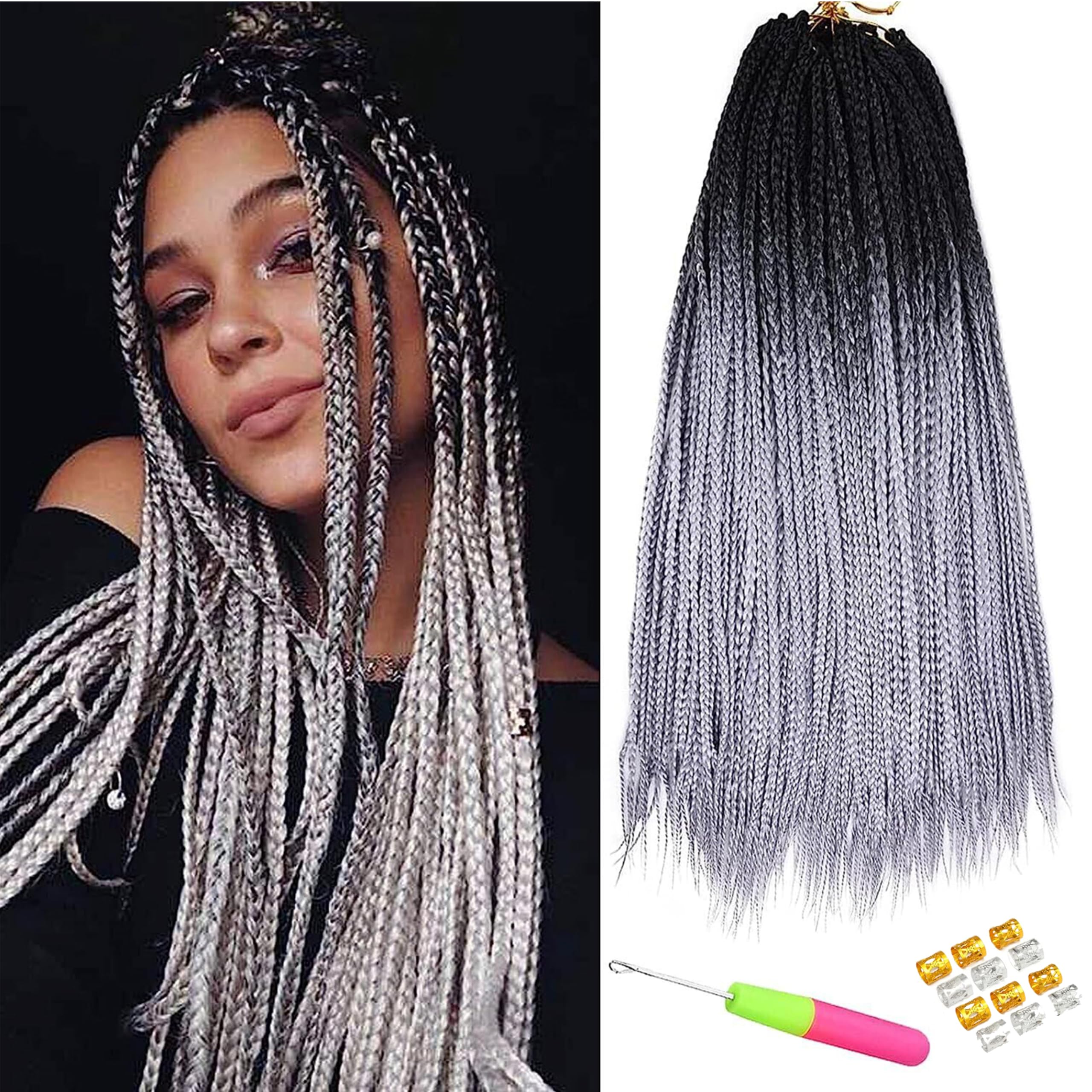 TAOYEMY Box Braids Crochet Hair Extensions 24 Inch 6 Packs, 22 Strands/Pack, Synthetic Braiding Hair for Women & Girls (T1B/GREY, 24 inch) — image 1