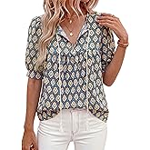 PRETTYGARDEN Womens Summer Boho Tops 2026 Vacation Outfits Casual Tie Front V Neck Peasant Blouses Puff Short Sleeve Shirts