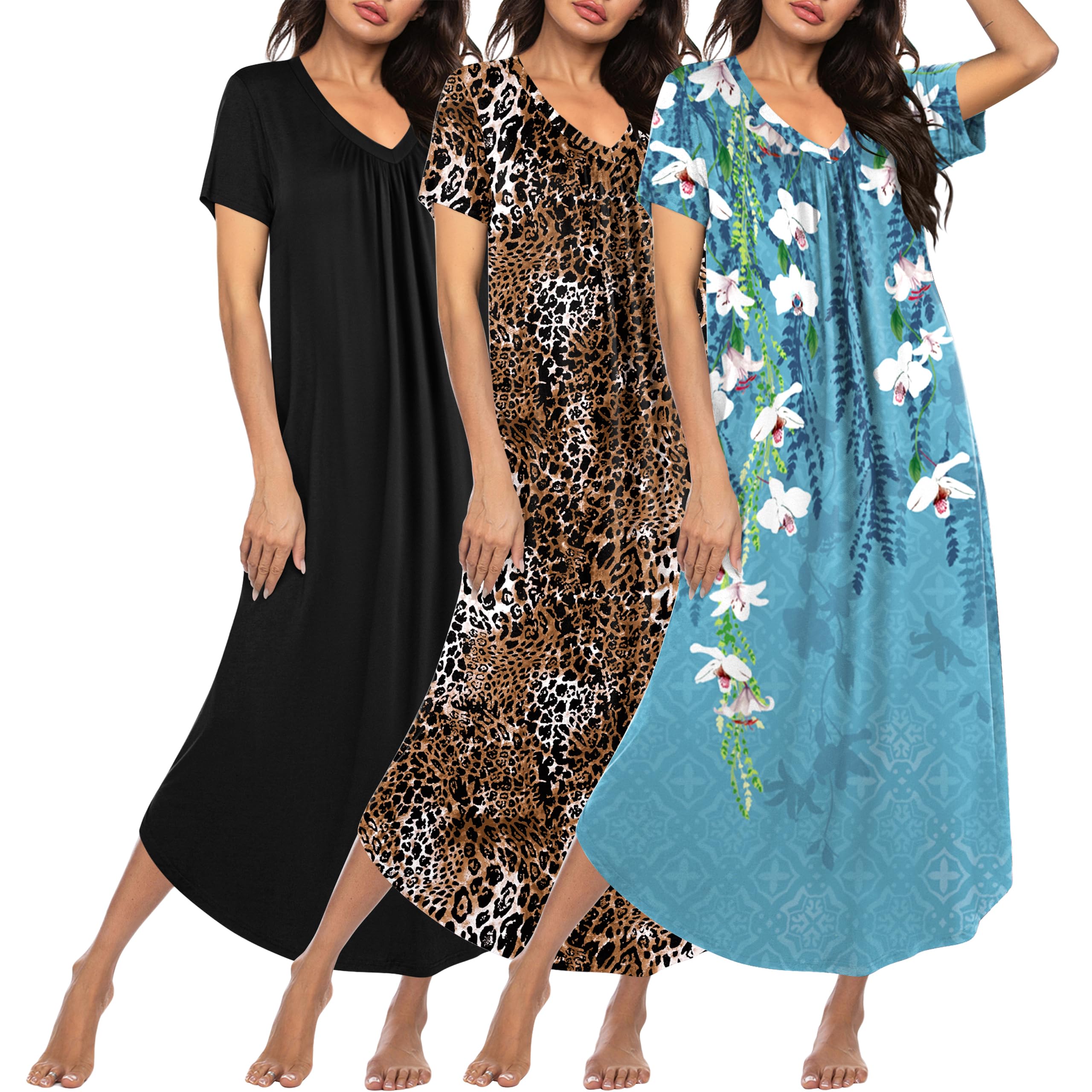 Ekouaer 3 Pack Long Nightgowns for Women Plus Size House Dress Short Sleeve Night Gown V Neck Casual Nightshirt Black/Blue Floral/Leopard 4XL Image