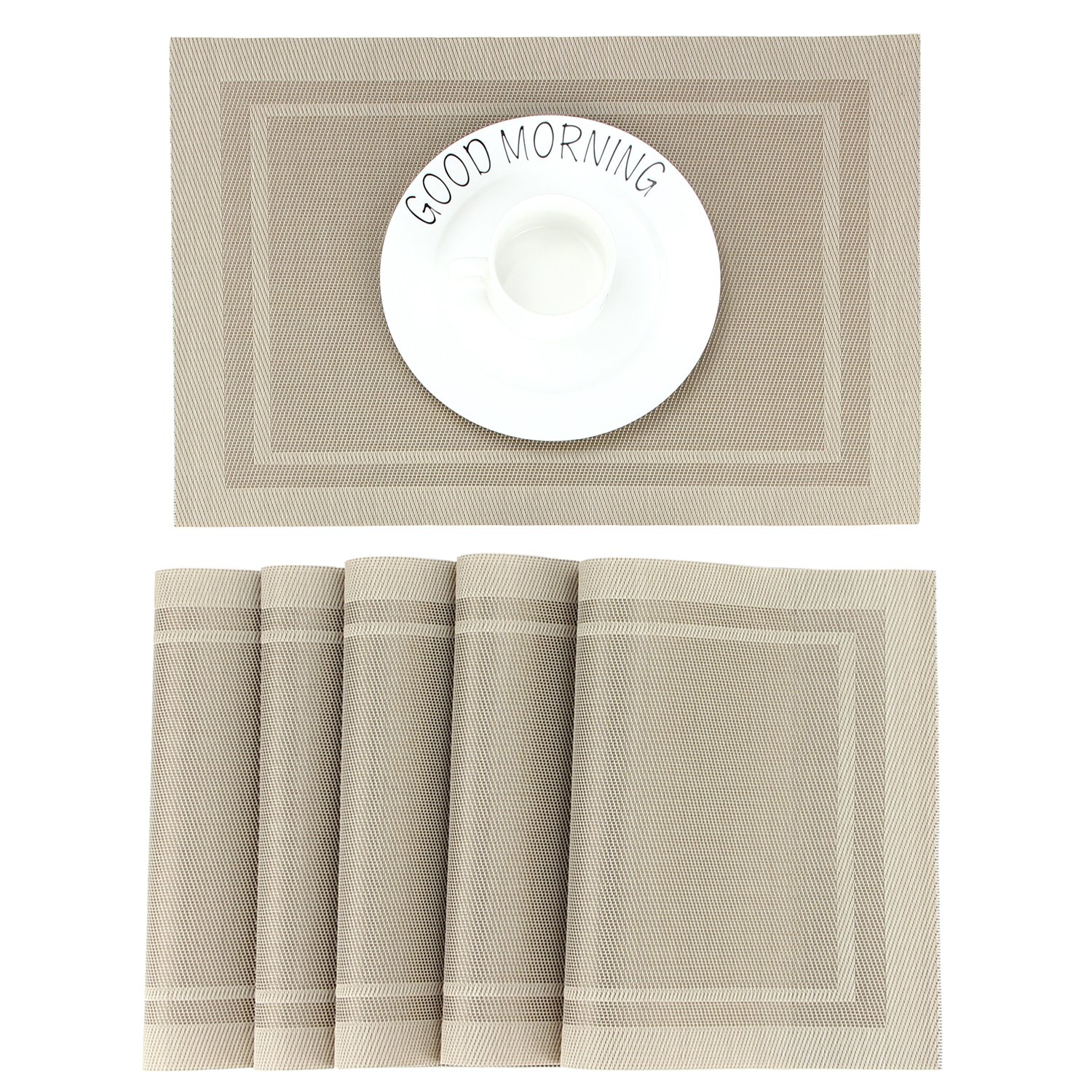 CHAOCHI Placemats set of 6,Easy to Clean Non-slip Heat Resistant Dining Table Mats,Washable Crossweave Woven Vinyl PVC Place mats,45CM x 30CM (Beige)