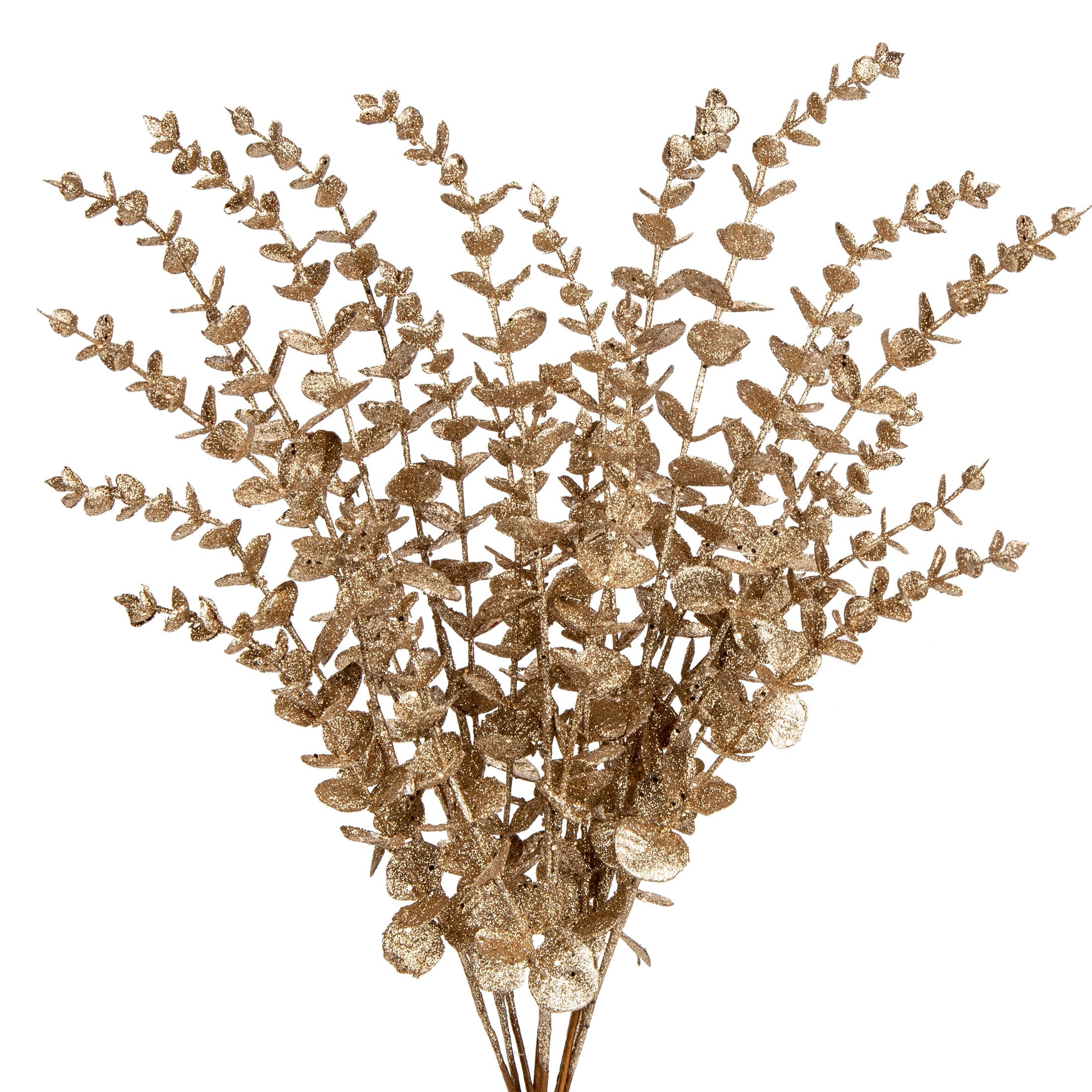 8PCS Christmas Eucalyptus Leaves Glitter Eucalyptus Stems, 65CM Champagne Gold Artificial Christmas Tree Decorations, Fake Foliages Xmas Ornaments for Wedding, Party, Flower Arrangement, Wreath Decor