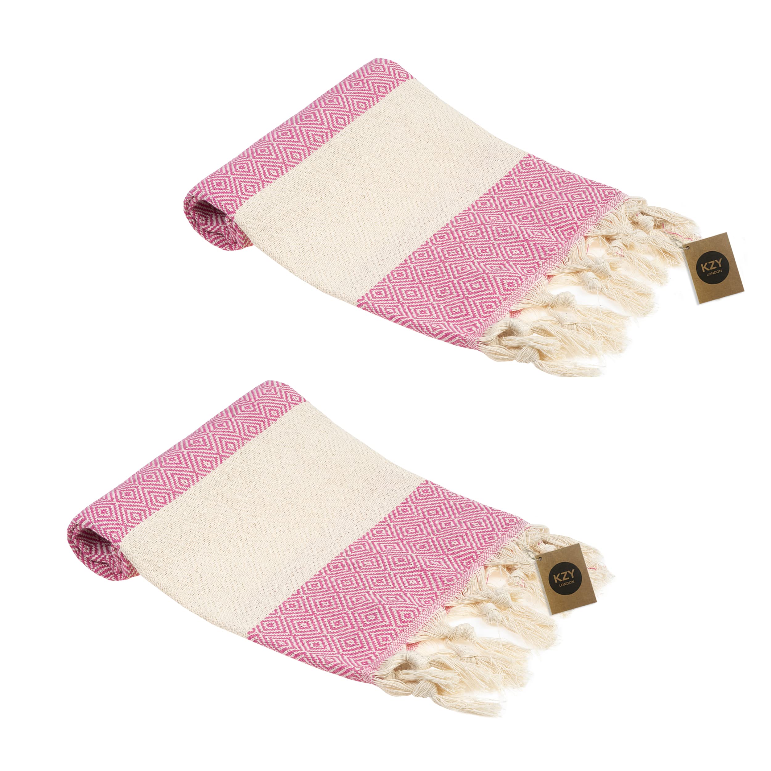 KZY LONDON Turkish Hand Towel Set of 2 - Towel for Kitchen and Bathroom - 50x100cm, 18,5x40 Inches - Prewashed Absorbent Peshtemal Decorative Towel for Face, Hand, Hair, Gym, Travel (Fuchsia)