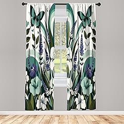 Ambesonne Teal Window Curtains, Curving Leaves and