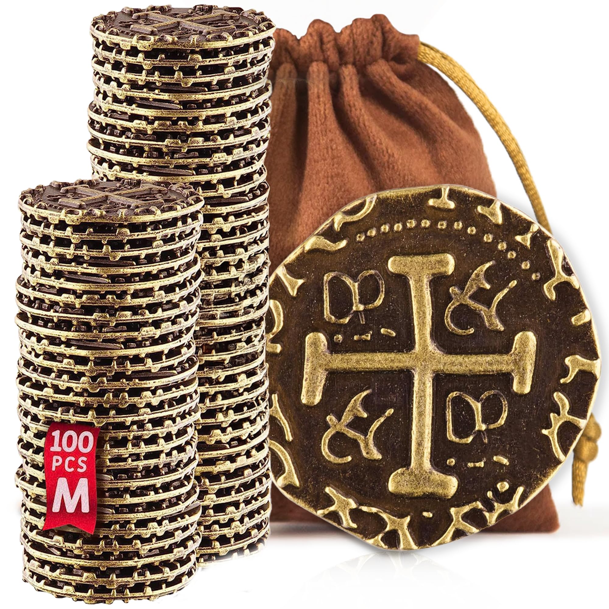 Metal Pirate Coins - 100 Medium Bronze Treasure Coin Set, Metal Replica Spanish Doubloons for Board Games, Tokens, Toys, Cosplay, Realistic Money Imitation - Pirate Treasure Chest, Diameter 22 mm