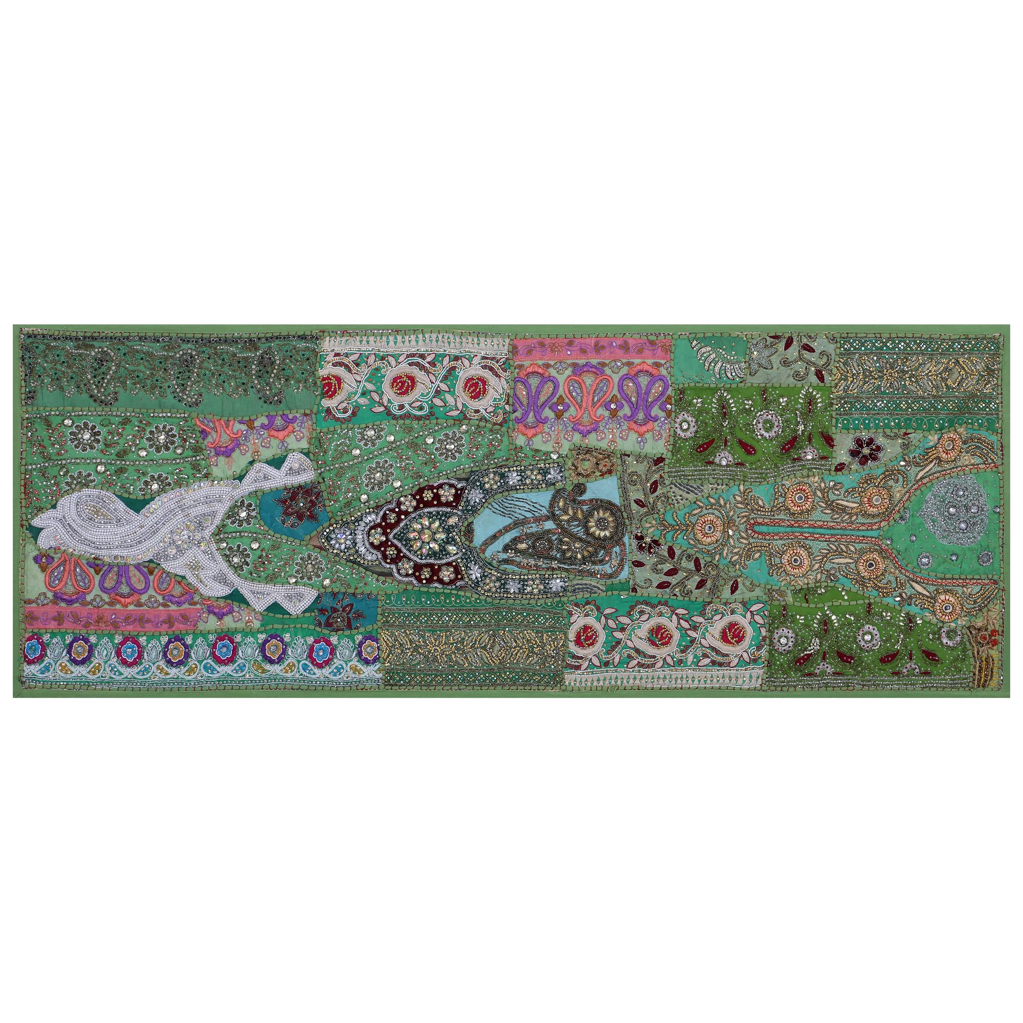 Ethnic Cotton Decorative Indian Dinning Art Table Patchwork Beads Embroidered Room Handmade Decor Cloth Table Runner (Green, 16" x 60")