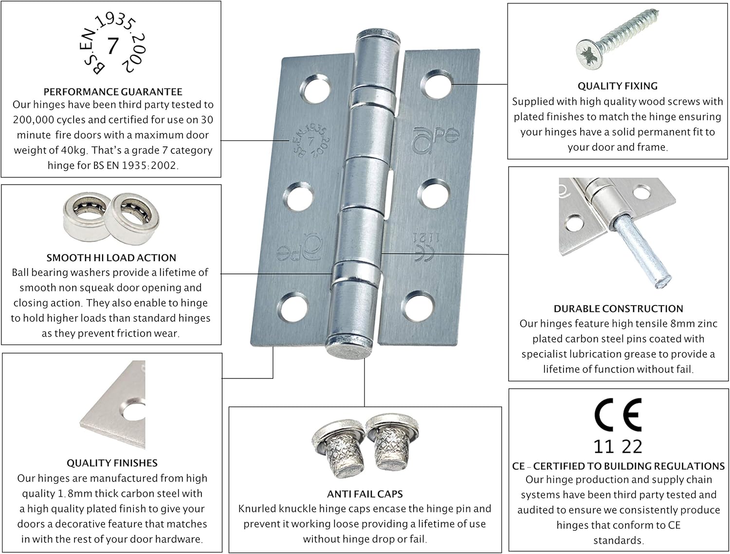 Door Hinge 3" / 76mm Satin Chrome Ball Bearing Washer CE Grade 7 for Fire Door 3 Pair - Image 3