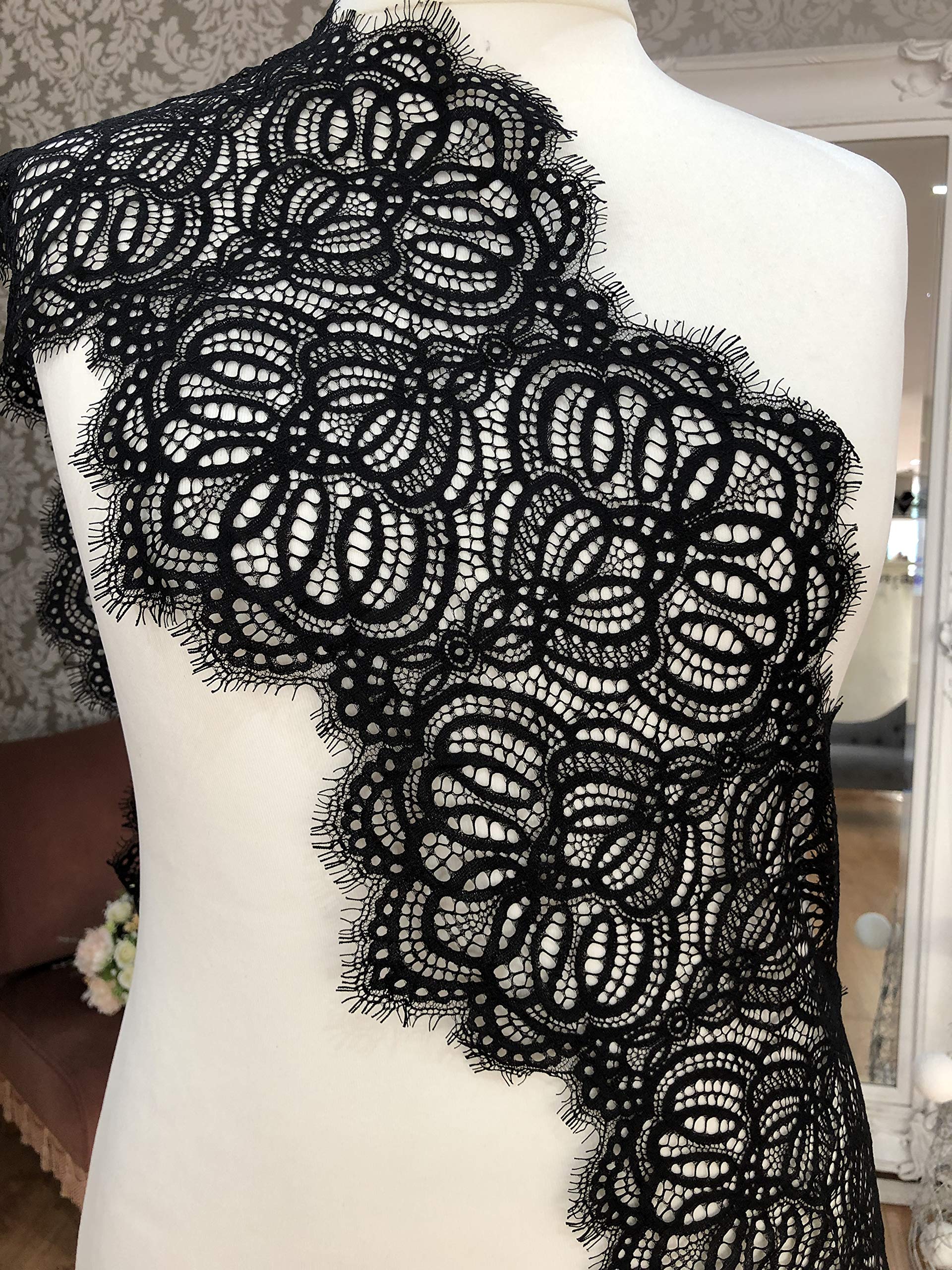 ALE13, Pizzo Chantilly con motivo floreale, per abito da sposa/matrimonio o per tende e applique, 300 x 23 cm, colore bianco Nero