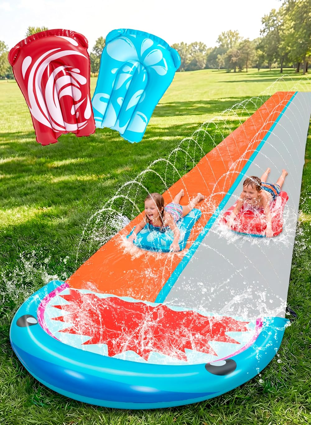 Sloosh Shark 22.5ft Water Slide with 2 Boards Double Lane Sprinklers