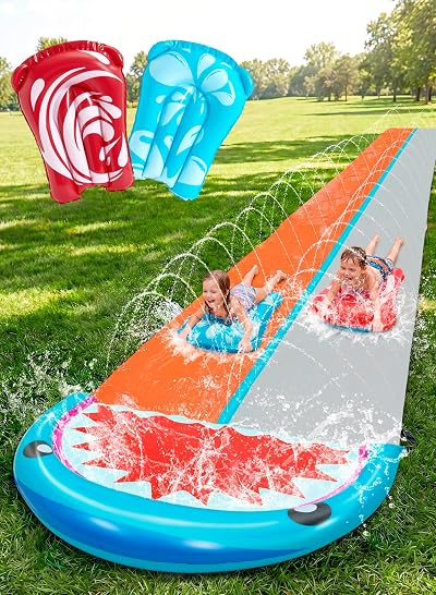 Sloosh Shark 22.5ft Water Slide with 2 Boards Double Lane Sprinklers