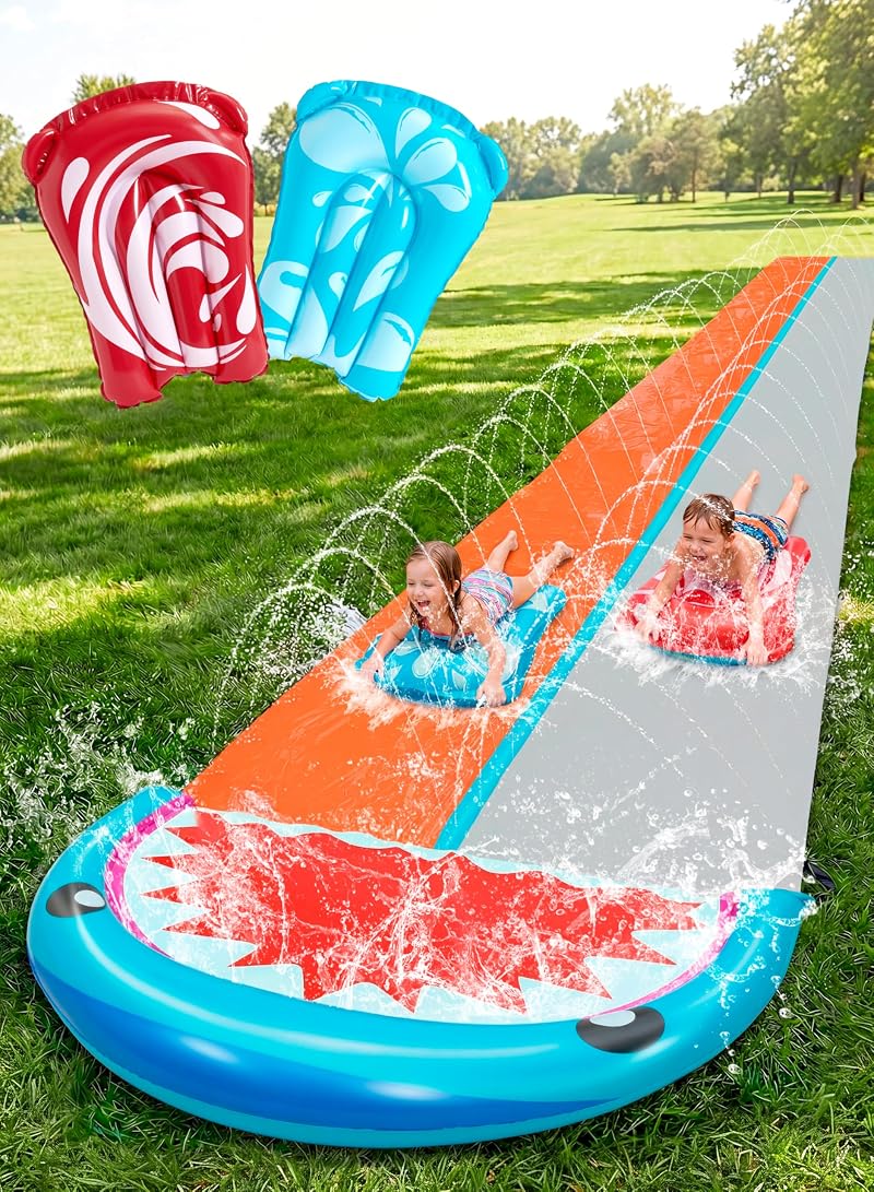 Sloosh Shark 22.5ft Water Slide with 2 Boards Double Lane Sprinklers