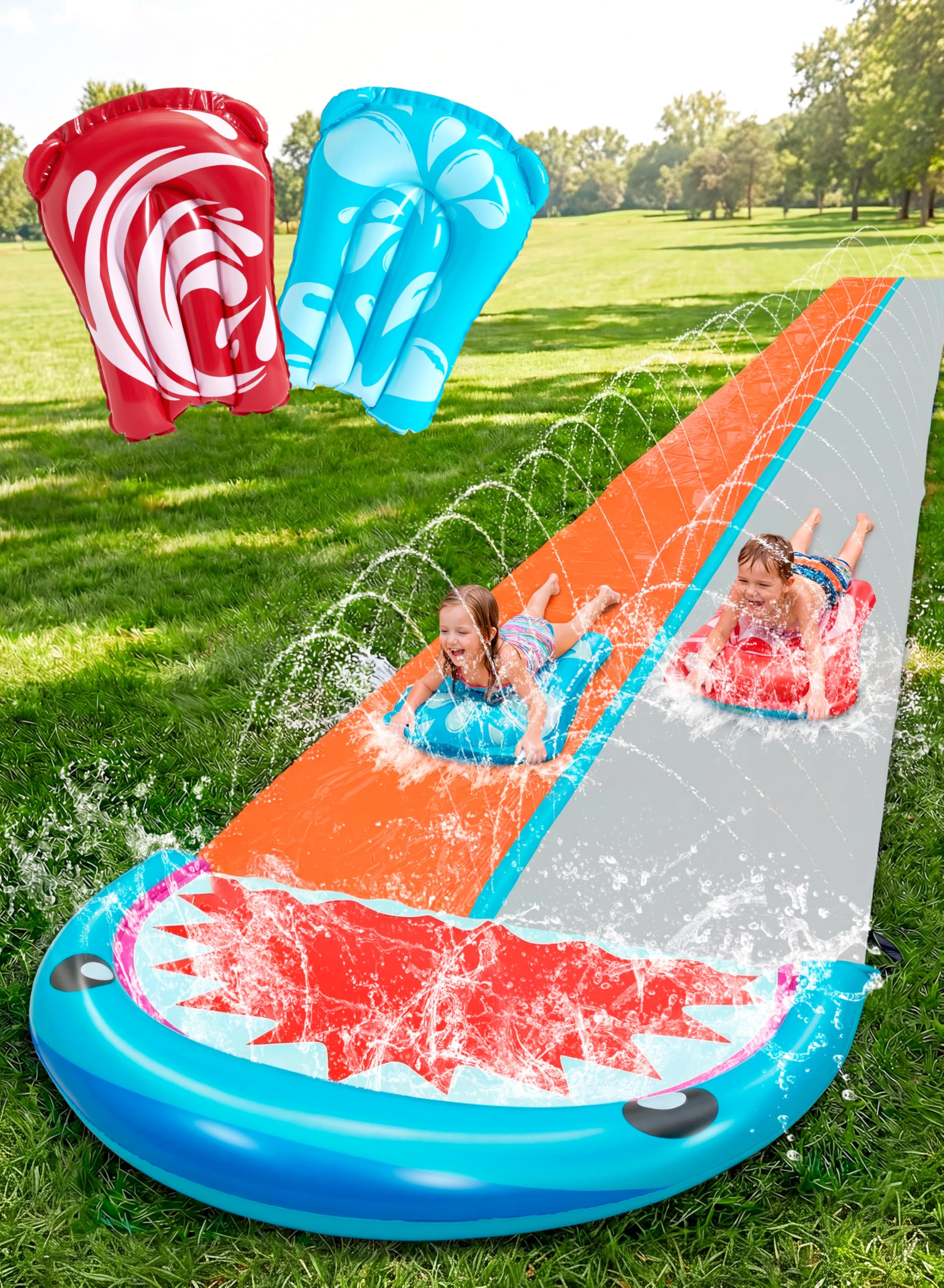 Sloosh 22.5ft/685.8cm Water Slides with 2 Inflatable Boards, Double Lane Lawn Water Splash Slides with Advanced Sprinklers Summer Toy for Kids Adults Fun Backyard Summer Outdoor, Shark