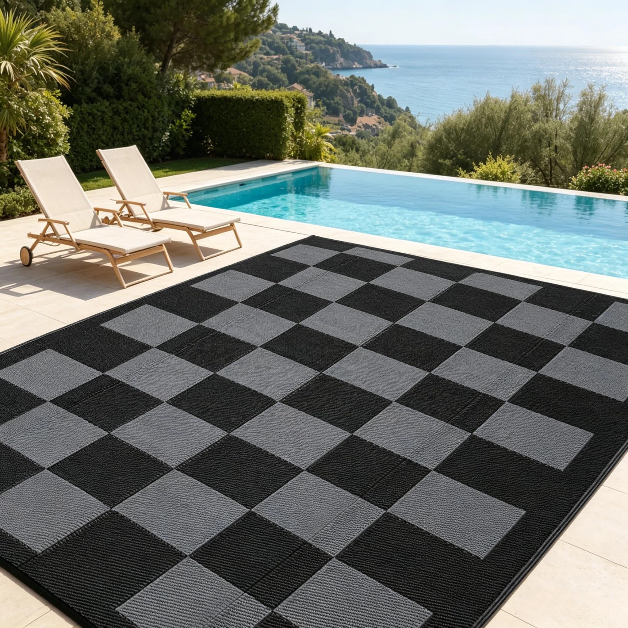 Checkered Outdoor Rug 8×10 UV-Resistant Geometric Plaid Plastic Camping Rug, Easy Cleaning RV Carpet, Lightweight Foldable Reversible Mat for Patio, Picnic, Deck, Balcony, Black Grey